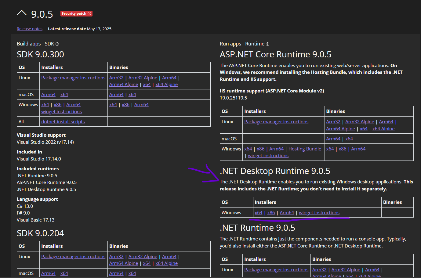 Windows Desktop .NET runtime install